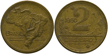 Бразилия 2 крузейро 1950 KM 559 алюминиевая бронза 4577-525