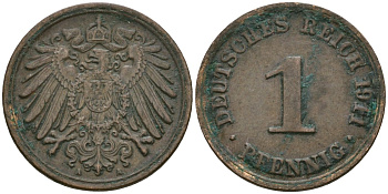Германия 1 пфенниг 1911 A, Вильгельм II (1888-1918) KM 10, J. 10 медь 4608-115