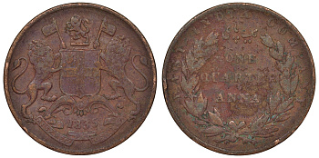 Британская Индия 1/4 анна 1835 25,2 мм. Бомбей, Британская Ост-Индская компания KM 446.2 медь 4681-422