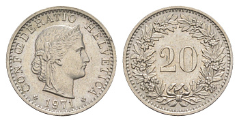 Швейцария 20 раппенов 1971 KM 29a медно-никель 4547-536