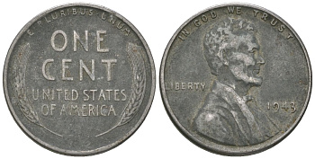 США 1 цент 1943 Авраам Линкольн KM 132 a сталь покрытая цинком 214-853