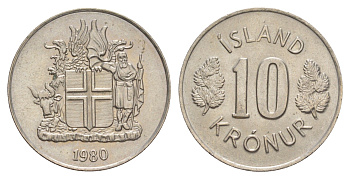 Исландия 10 крон 1980 KM 15 медно-никель UNC 4646-1215