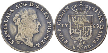 Польша 8 грошей (2 злотых) 1789 ЕВ, Станислав II Август Понятовский (1764-1794), вес 9,24 г KM 209.1 (C54), Kopinski 412.3 серебро 00-812-19