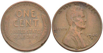 США 1 ЦЕНТ 1944 D, ЛИНКОЛЬН KM А132 медь цинк 3309-466