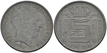 Бельгия 5 франков 1941 Belges KM 129 цинк 51-1914
