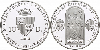 Андорра 10 динеров 1996 25 лет соправления  Жоана Марти-и-Аланиса, ECU KM 125 серебро PROOF 1068-5-21