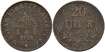 Венгрия 20 филлеров 1918 КВ, Карл I (1916-1918) KM 498 железо 4151-1018