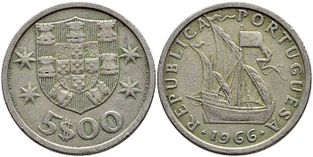 Португалия 5 эскудо 1966 парусник KM 591 медно-никель 4395-853