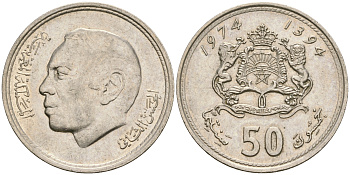 Марокко 50 сантимов 1974 АН 1394, Аль Хассан II (1962-1999) KM 62 медно-никель 4364-3435