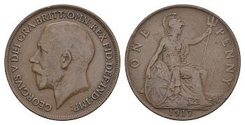 Великобритания 1 пенни 1917 Георг V (1910-1936) KM 810, Spink 4051 бронза 114-236