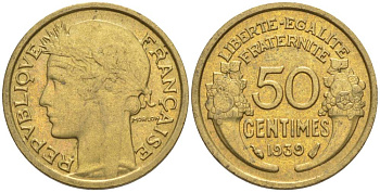 ФРАНЦИЯ 50 САНТИМОВ 1939 ТИП MORLON KM 894.1, LE FRANC 192.15 алюминиевая бронза 44-833