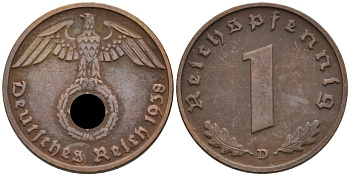 Германия 1 рейхспфенниг 1938 D KM 89, J. 361 бронза 4567-1058