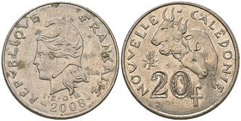 Французская Новая Каледония 20 франков 2008 три быка, (IEOM) KM 12a, Schoen 14a медно-никель 4131-1045