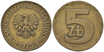Польша 5 злотых 1975 MW Y 81.1 латунь 4619-631