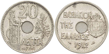 Греция 20 лепта 1912 король Георг I (1863-1913), Афина KM 64 никель 93-124