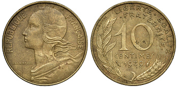 Франция 10 сантимов 1989 тип Marianne KM 929, le Franc 144.29 алюминиевая бронза 91-946