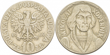 ПОЛЬША 10 ЗЛОТЫХ 1969 MW, НИКОЛАЙ КОПЕРНИК KM 51a медно-никель 4403-614