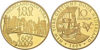 Нидерланды медаль, 10 флоринов 2009 Восточно-Индийская компания, 400 лет открытия Нью- Йорка, диаметр 35 мм., позолота бронза PROOFLIKE 4558-933