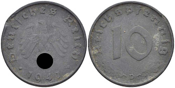 ГЕРМАНИЯ 10 РЕЙХСПФЕННИГОВ 1941 D KM 101, J. 371 цинк 4401-731
