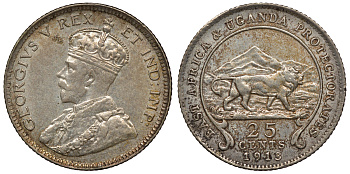 Британская Восточная Африка 25 центов 1913 Георг V (1910-1936) KM 10 серебро 02-205-13