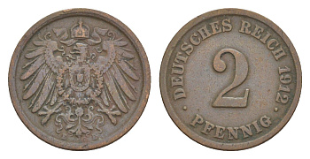 Германия 2 пфеннига 1912 E, Вильгельм II (1888-1918) KM 16, J. 11, Weege 4 медь 4639-1222