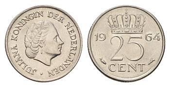 Нидерланды 25 центов 1964 Юлиана (1948-1980) KM 183 никель 4658-828