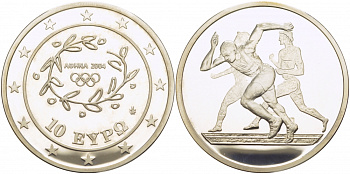 Греция 10 евро 2003 XXVIII летние Олимпийские игры 2004 года в Афинах, легкая атлетика, бег KM 190 серебро PROOF 1078-5-14