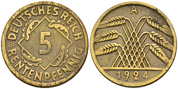 Германия 5 рентенпфеннигов 1924 A KM 32, J.308 алюминиевая бронза 4594-855