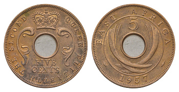 Британская Восточная Африка 5 центов 1957 H, Елизавета II (1952-2022) KM 37 бронза 4626-722