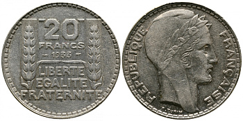 Франция 20 франков 1933 Пьер Тюрен KM 879, Le Franc 400.3 серебро 413-2835
