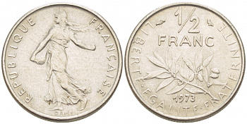 ФРАНЦИЯ 1/2 ФРАНКА 1973 KM 931.1 никель 3309-1116