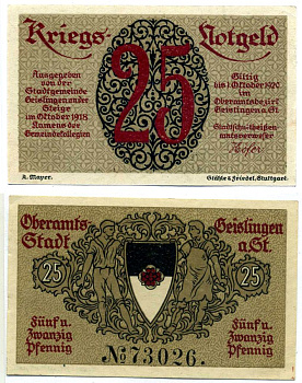 Гайслинген-ан-дер-Штайге 25 пфеннигов 1918 октябрь 1918 - 1 Октября 1920, нотгельд, земля Баден-Вюртемберг, 2 Auflage, seria 73026 Grabowski G4.1c бумага 2195-38-3-2