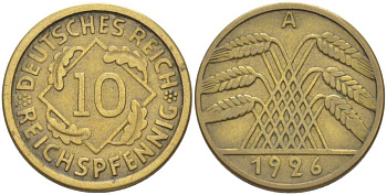 ГЕРМАНИЯ 10 РЕЙХСПФЕННИГОВ 1926 A KM 40, J. 317, Weege 9 алюминиевая бронза 210-353