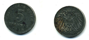 ГЕРМАНИЯ 5 ПФЕННИГОВ 1918 A KM 19, J. 297 железо 54-419