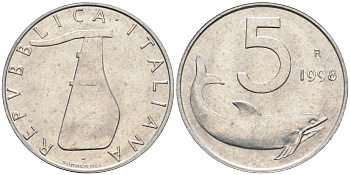 Италия 5 лир 1998 R, дельфин KM 92 алюминий  UNC  4594-755