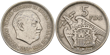 Испания 5 песет 1957 (58) Франсиско Франко (1939-1975) KM 786 медно-никель    4153-214