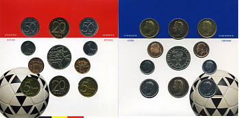 Бельгия набор из 10 монет + жетон монетного двора 1994 Belgie-Belgique, Чемпионат мира по футболу в США 1994 года, с подписями сборной Бельгии и фотографиями игроков, в оригинальном буклете, в запайке  KM MS 6   BUNC  6-5-3-46