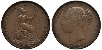 Великобритания 1 фартинг 1847 Виктория (1837-1901) KM 725, Spink 3950 медь 106-831