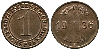 Германия 1 рейхспфенниг 1936 A KM 37, J. 313 бронза 220-159