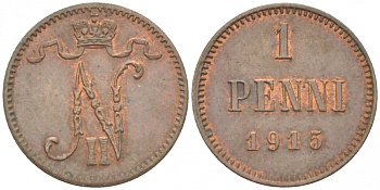 РОССИЯ ДЛЯ ФИНЛЯНДИИ 1 ПЕННИ 1915 НИКОЛАЙ II KM 13, Биткин 475 медь 4396-1458