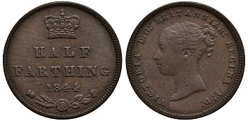 Великобритания 1/2 фартинга 1844 Виктория (1837-1901) KM 738, Spink 3951 медь 1523-1214