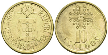 Португалия 10 эскудо 1987 KM 633 никель латунь 4148-513