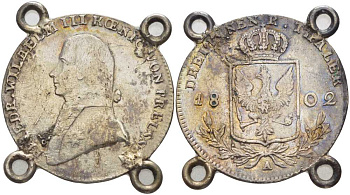 ПРУССИЯ 1/3 ТАЛЕРА 1802 А, ВИЛЬГЕЛЬМ III, КОРОЛЬ ПРУССИИ, С ПОДВЕСКИ, С УШКАМИ ДЛЯ НОШЕНИЯ KM 380 серебро 1524-1032