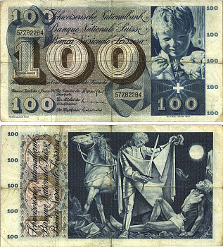 Швейцария 100 франков 1967 1 января 1967, серия 57 Z, подпись 42 Pick 49 i бумага 8606-26-1-1