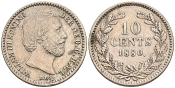 Нидерланды 10 центов 1880 Виллем III (1849-1890) KM 80 серебро 1528-421