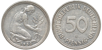 ФРГ 50 пфеннигов 1950 G KM 109, J. 384 медно-никель 4132-643