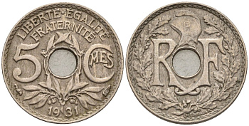Франция 5 сантимов 1931 тип Линдайё KM 875, Le Franc 122.14 медно-никель 4596-618