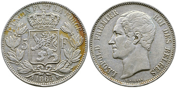 Бельгия 5 франков 1865 Леопольд I (1831-1865) KM 17 серебро 00-1067-6-23