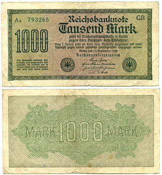 ГЕРМАНИЯ 1000 МАРОК 1922 15 СЕНТЯБРЯ 1922, ВОДЯНОЙ ЗНАК G, БЕЛАЯ БУМАГА Pick 76e бумага 7548-42-3