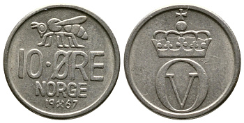 Норвегия 10 эре 1967 пчела, Улаф V (1958-1991) KM 411 медно-никель 220-453
